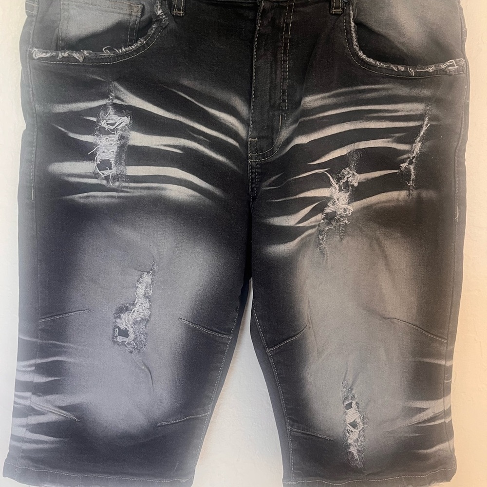 Distressed Denim Shorts in Faded Dark Gray and White with Ripped Details